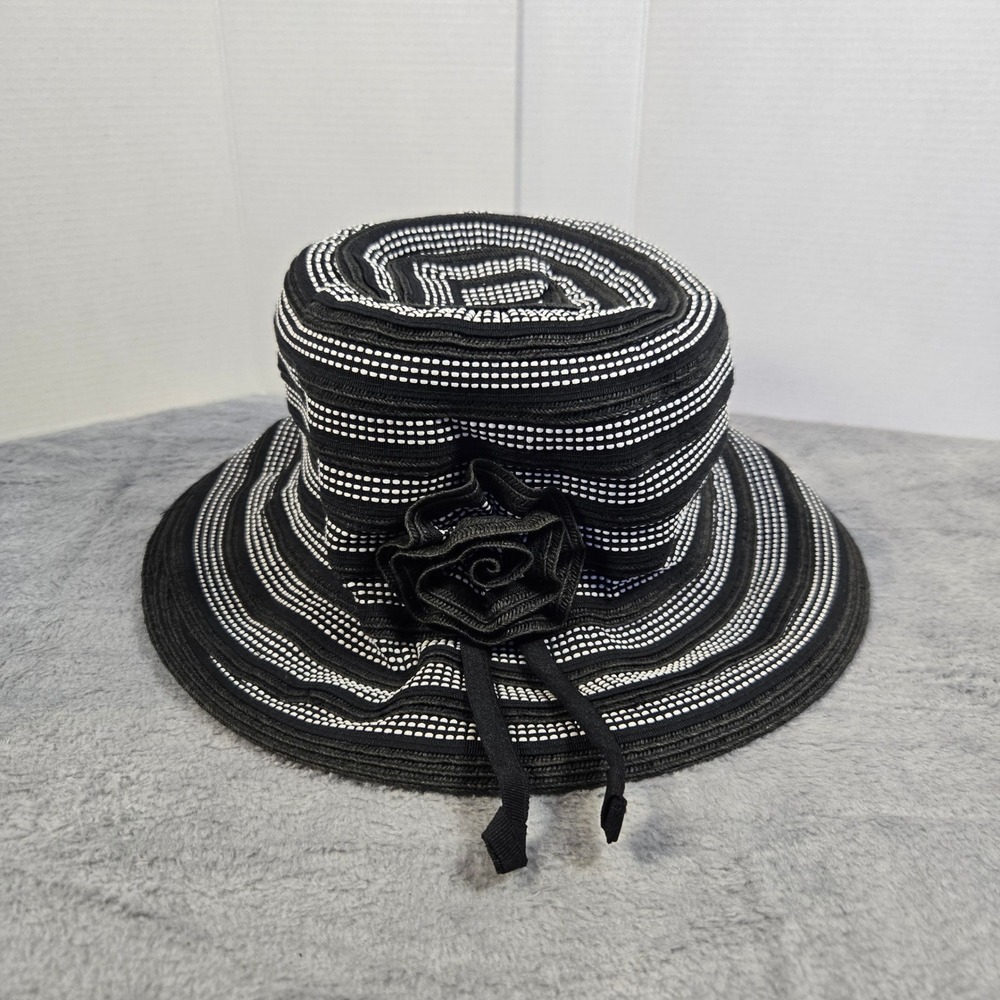 C.C Exclusives Womens Black White Striped Sun Hat Woven Wide Brim Rose Detail